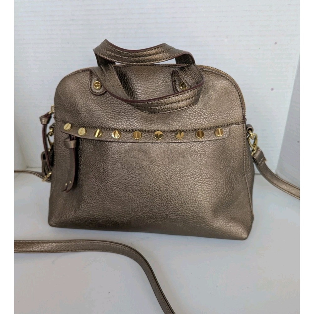 Gianni Bini Purse Satchel Gold Bronze Metall Pockets Zip Closure